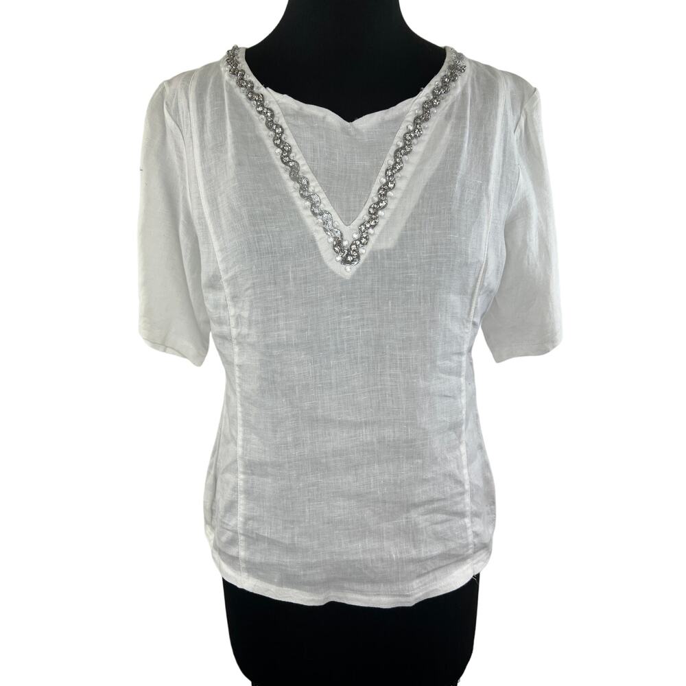 MALVIN White Short Sleeve Embellished Jeweled Neckline Linen Blouse Size 8